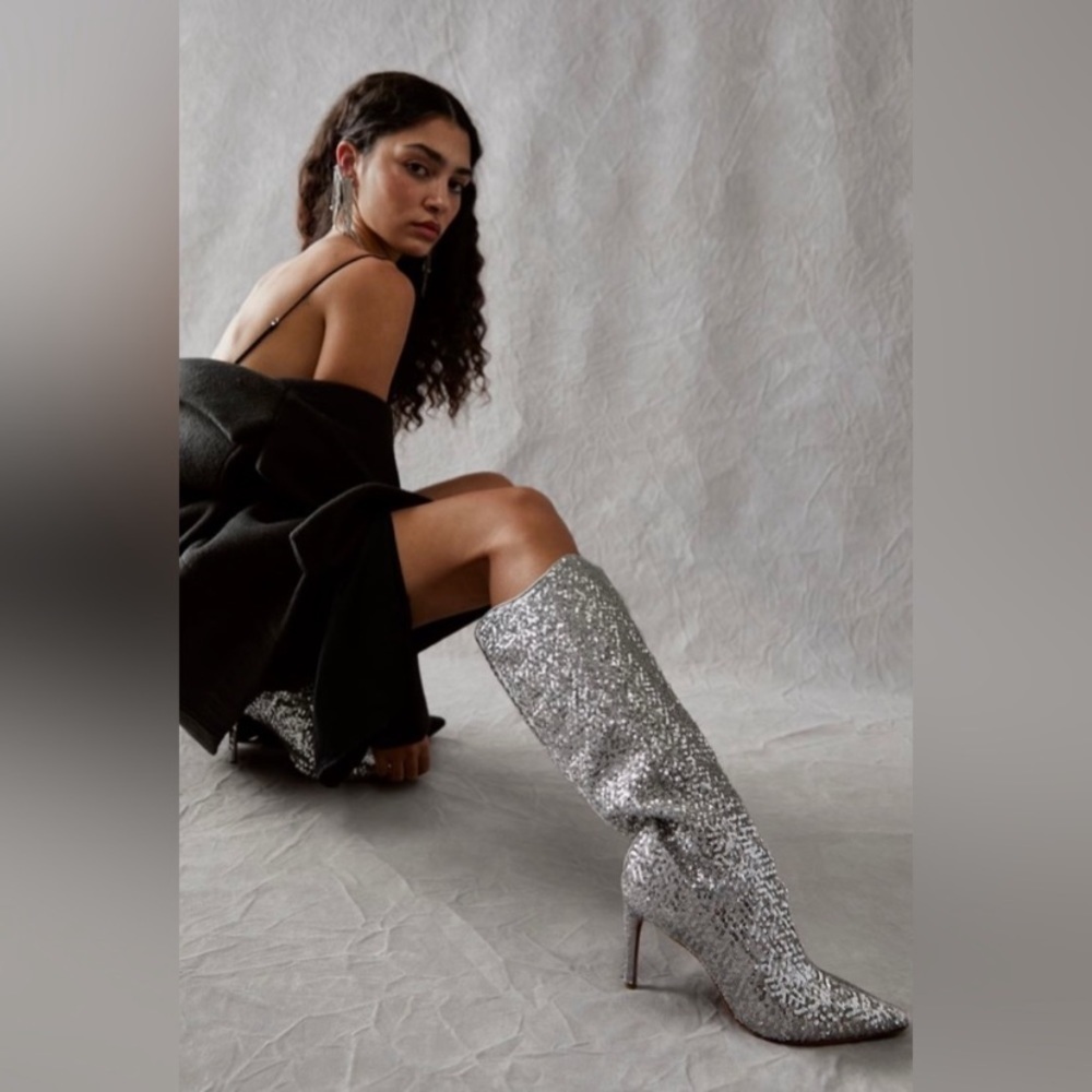 Free People Vicenza After Midnight Silver Sequin Leather Knee High Heel Boots 7